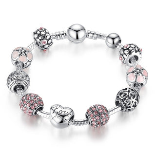 Antique Silver Charm Bracelet & Bangle with Love and Flower Crystal Ball for Women